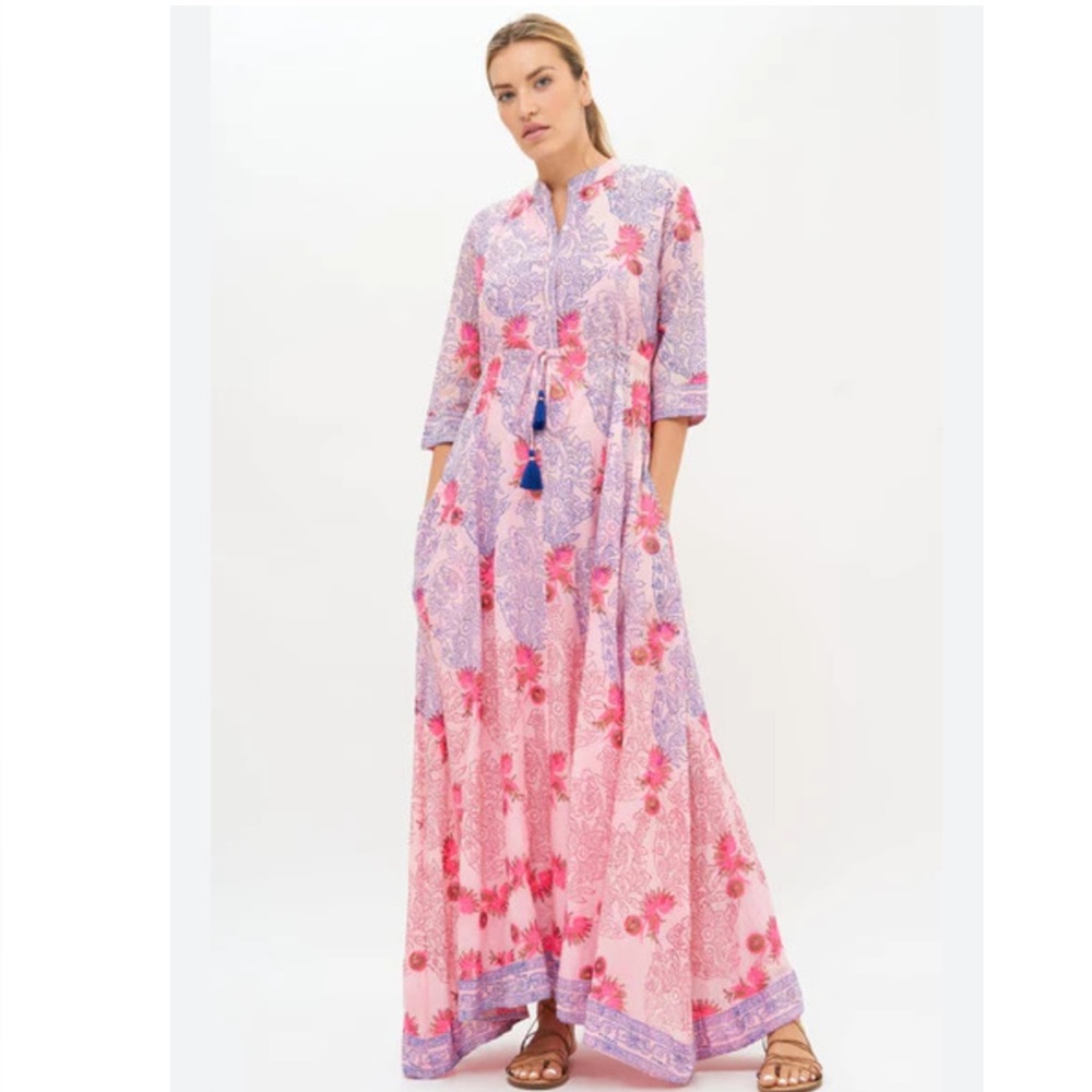 Oliphant Shirt Dress Dunmore Maxi Cinched Kaftan in Pink Floral